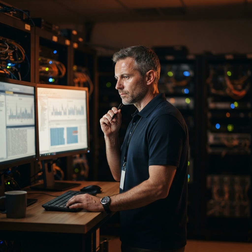 A database administrator working through SQL Server at a workstation