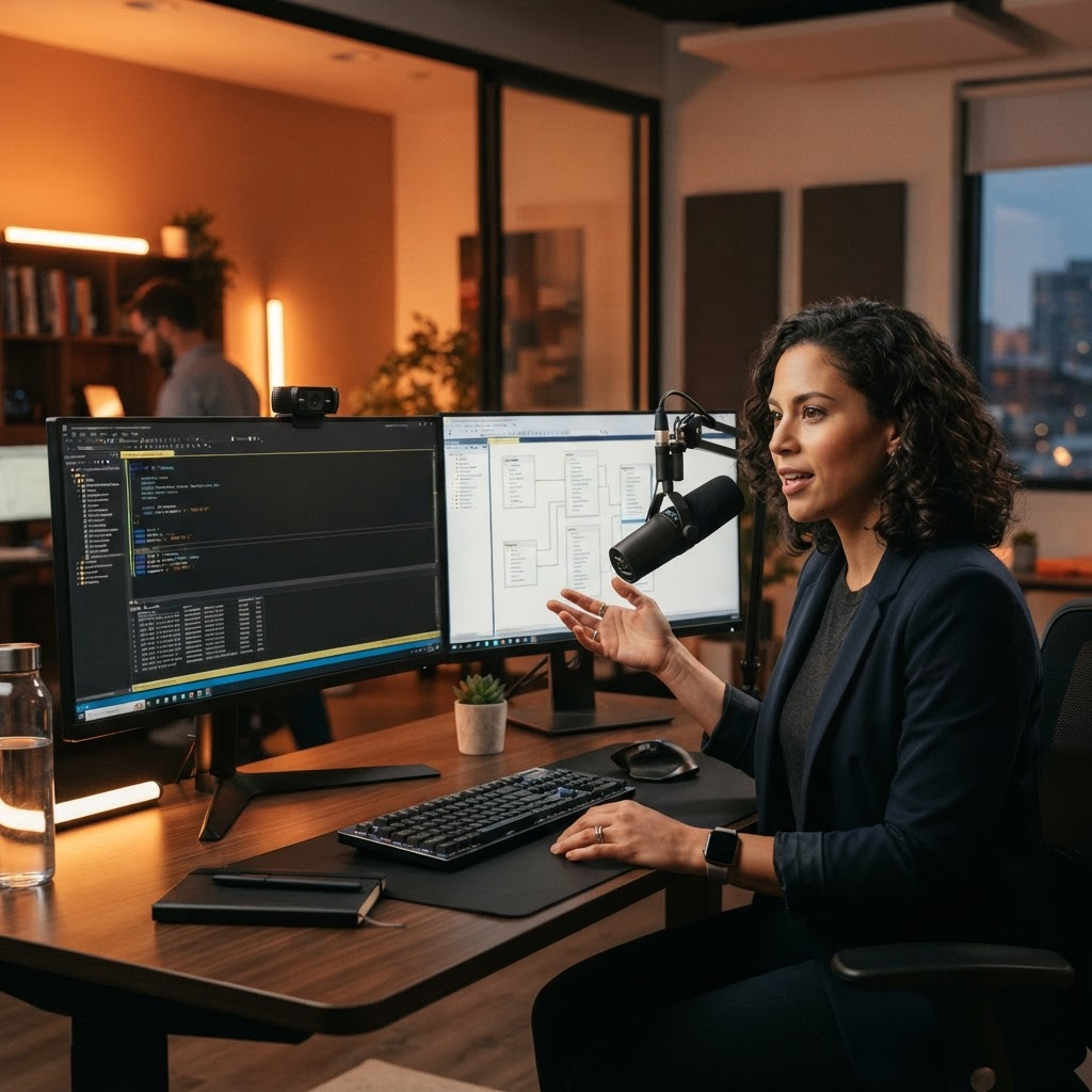 An instructor teaching a live online class at a dual-monitor workstation