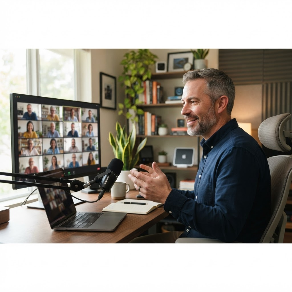 An instructor teaching a live online class at a workstation